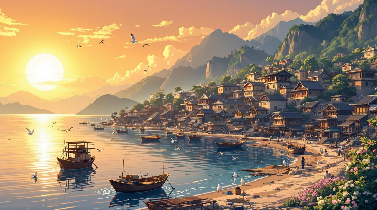 高清短剧 - 海边渔村温暖黄昏全景，金色夕阳下的渔港，停泊的小渔船，传统石屋与远山